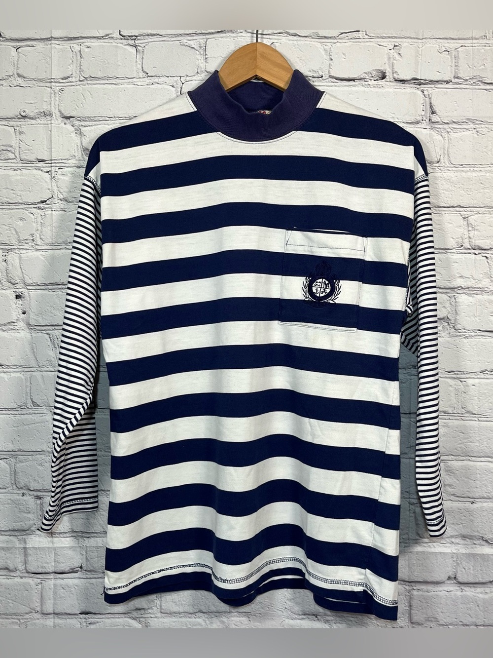 Vintage Energie bi currants Mock Neck Shirt Womens Size Medium Striped Blue 80s